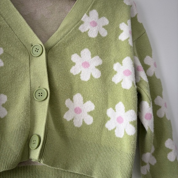 Willow & Wind Cropped Daisy Green Buttoned V-Neck Floral Retro MCM Cardigan S - Picture 3 of 7